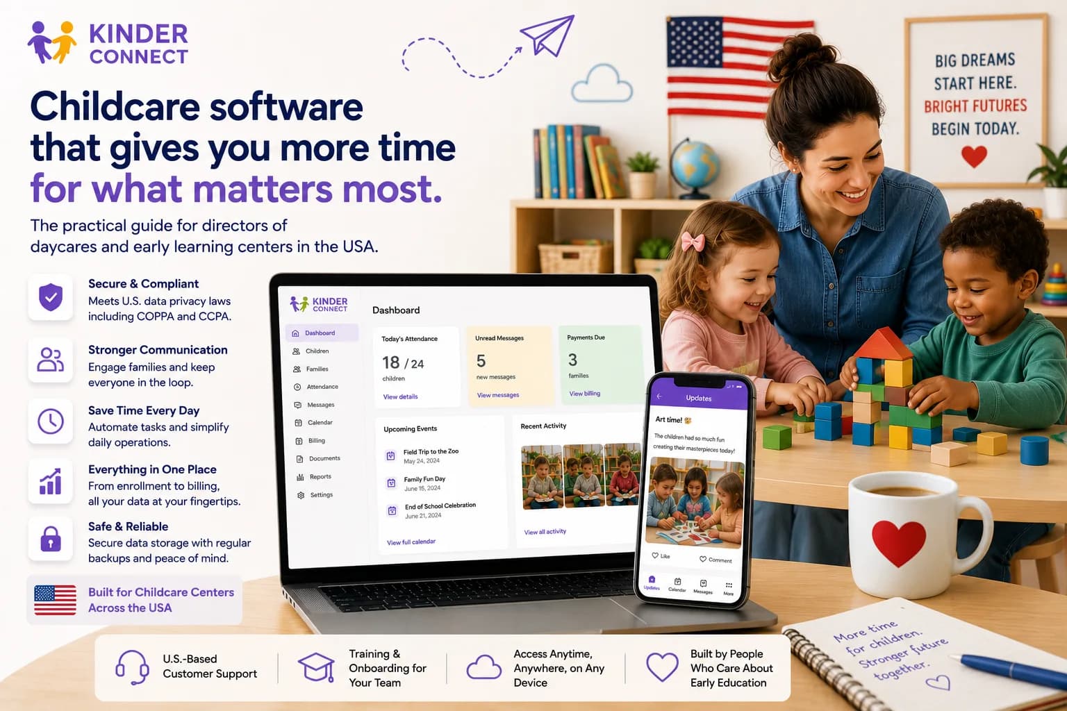 Guide to choosing childcare software in the USA — KinderConnect dashboard with attendance and billing in a daycare classroom
