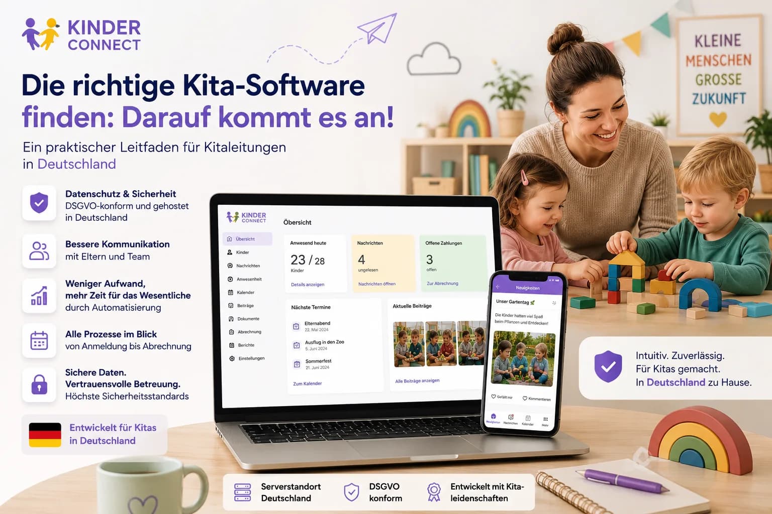 Leitfaden: die richtige Kita-Software finden — KinderConnect-Dashboard mit Anwesenheit und Abrechnung, DSGVO-konform in Deutschland